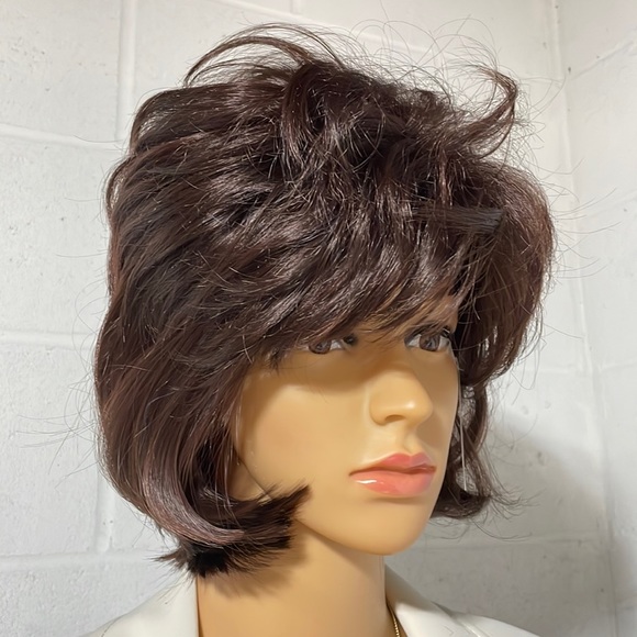 NWT 11” dark brown wig natural puff volume thick top layers adjustable bangs DP - Picture 5 of 16